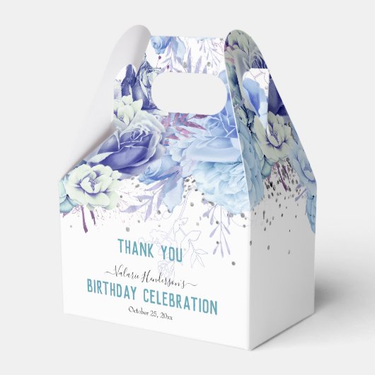Floral Glitter Light Blue Happy Birthday Favor Box Bedankdoosjes (Voorkant Zijde)