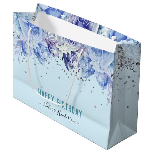 Floral Glitter Light Blue Happy Birthday Groot Cadeauzakje (Voorkant Gekanteld)
