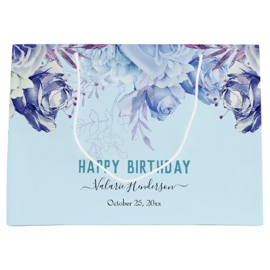 Floral Glitter Light Blue Happy Birthday Large Gif Groot Cadeauzakje (Voorkant)