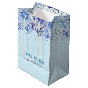 Floral Glitter Light Blue Happy Birthday Medium Cadeauzakje