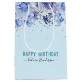Floral Glitter Light Blue Happy Birthday Medium Cadeauzakje (Voorkant)