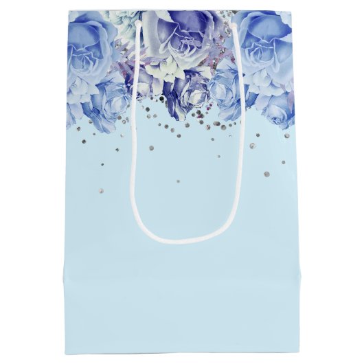Floral Glitter Light Blue Happy Birthday Medium Cadeauzakje (Achterkant)