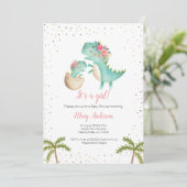Floral Glitter Pink Dinosaur Baby shower Kaart (Staand voorkant)