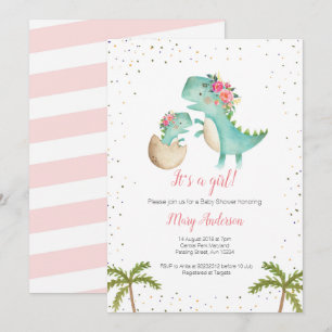 Floral Glitter Pink Dinosaur Baby shower Kaart