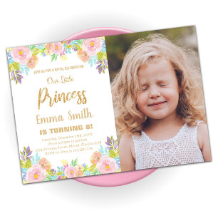 Floral Glitter Princess Birthday Foto van uitnodig Kaart