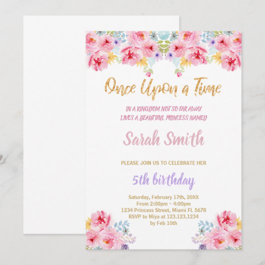 Floral Glitter Prinses Verjaardag Uitnodiging (Voorkant / Achterkant)