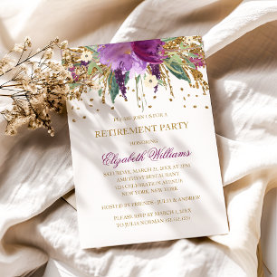 Floral Glitter Sparging Amethyst Retirement Party Kaart
