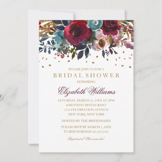 Floral Glitter Sparging Burgundy Vrijgezellenfeest Kaart (Voorkant)