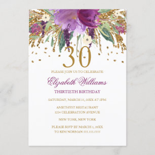 Floral Glitter Sparking Amethyst 30th Birthday Kaart