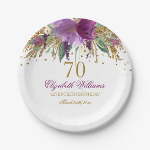 Floral Glitter Sparking Amethyst 70th Birthday Papieren Bordje