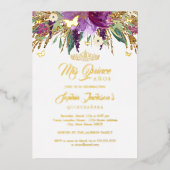 Floral Glitter Sparking Amethyst Quinceanera Folie Uitnodiging (Voorkant)