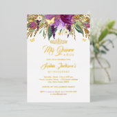 Floral Glitter Sparking Amethyst Quinceanera Folie Uitnodiging (Staand Voorkant)