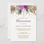Floral Glitter Sparking Amethyst Quinceanera Kaart (Voorkant)
