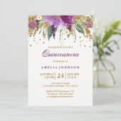 Floral Glitter Sparking Amethyst Quinceanera Kaart (Staand voorkant)