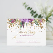 Floral Glitter Sparkling Amethist Bruiloft RSVP Kaartje (Staand voorkant)