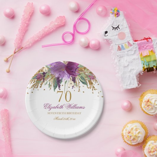Floral Glitter Sparkling Amethyst 70e verjaardag Papieren Bordje (Feest)
