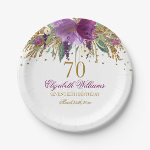 Floral Glitter Sparkling Amethyst 70e verjaardag Papieren Bordje