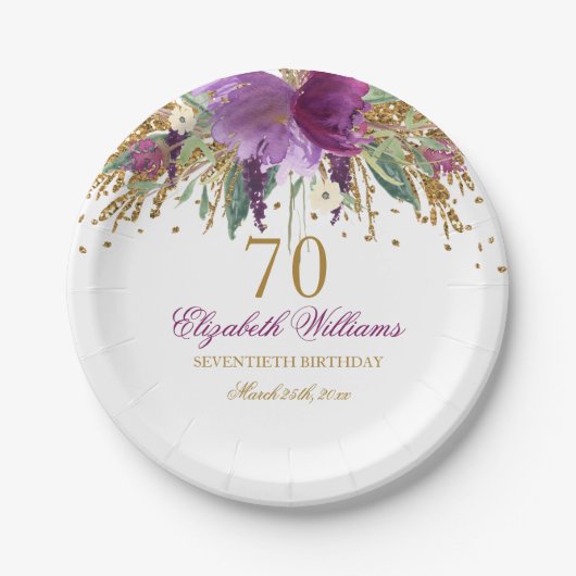 Floral Glitter Sparkling Amethyst 70e verjaardag Papieren Bordje (Voorkant)