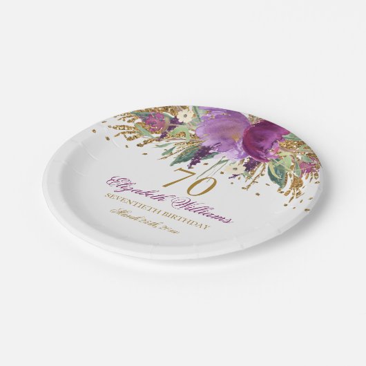 Floral Glitter Sparkling Amethyst 70e verjaardag Papieren Bordje (Gekanteld)