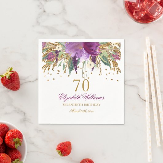 Floral Glitter Sparkling Amethyst 70e verjaardag Servet (Insitu)