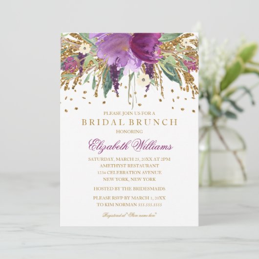 Floral Glitter Sparkling Amethyst Bruids Brunch Kaart (Staand voorkant)