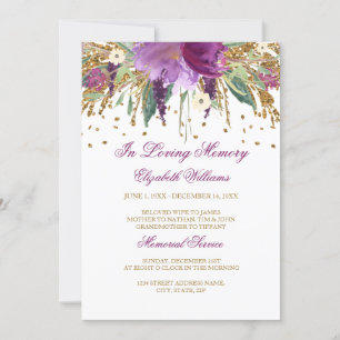 Floral Glitter Sparkling Amethyst Memorial Service Kaart