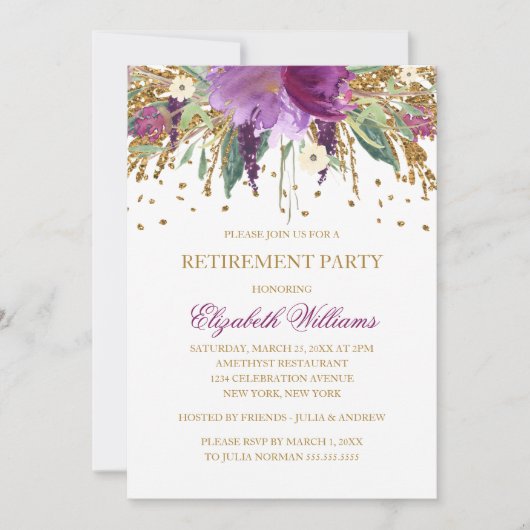 Floral Glitter Sparkling Amethyst Retirement Party Kaart (Voorkant)