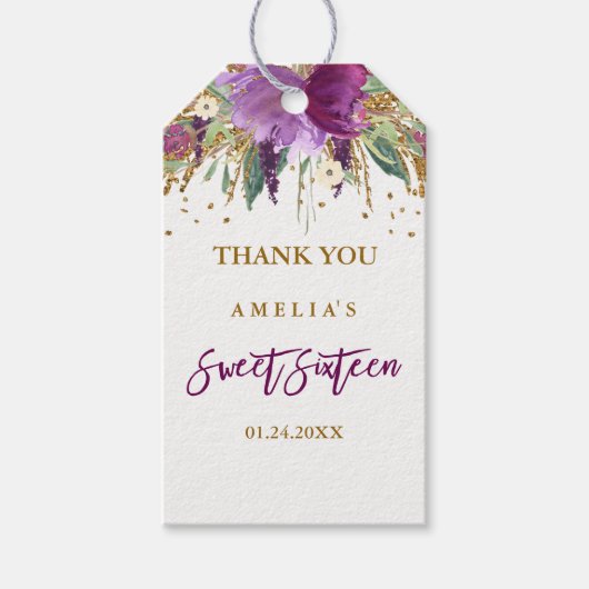 Floral Glitter Sparkling Amethyst Sweet 16 Label Cadeaulabel (Voorkant)