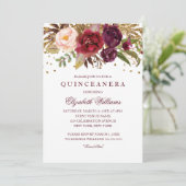 Floral Glitter Sparkling Bourgondië Quinceanera Kaart (Staand voorkant)