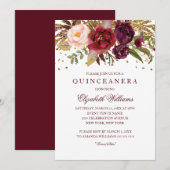 Floral Glitter Sparkling Bourgondië Quinceanera Kaart (Voorkant / Achterkant)