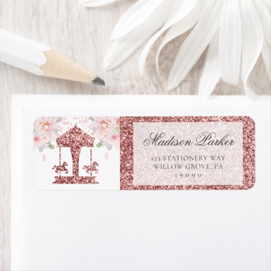 Floral Glitter Verjaardagscarrousel gepersonalisee Etiket (Insitu)