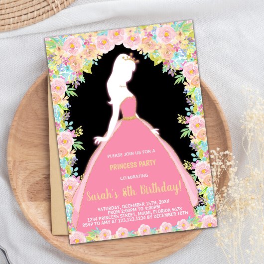 Floral Glitter Zwart Roze Prinses Verjaardag Kaart
