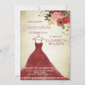 Floral glittery burgundy dress Quinceañera Invita Kaart (Voorkant)