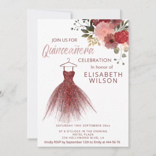 Floral glittery burgundy-jurk Quinceañera Kaart (Voorkant)