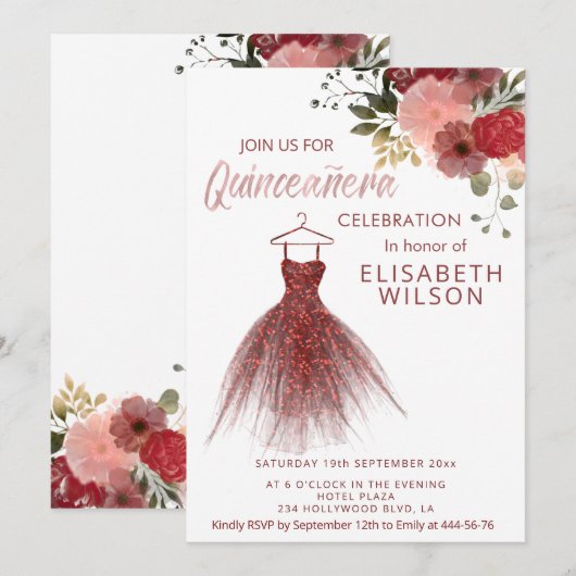 Floral glittery burgundy-jurk Quinceañera Kaart (Voorkant / Achterkant)