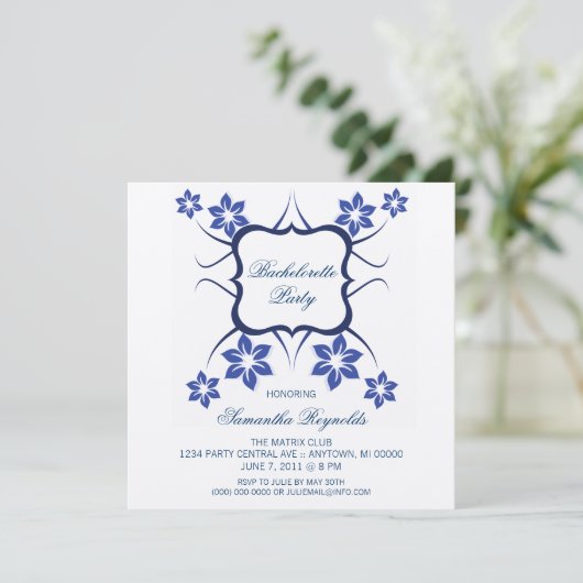 Floral Goddess Bachelorette Party Invite Dark Blue Kaart (Staand voorkant)