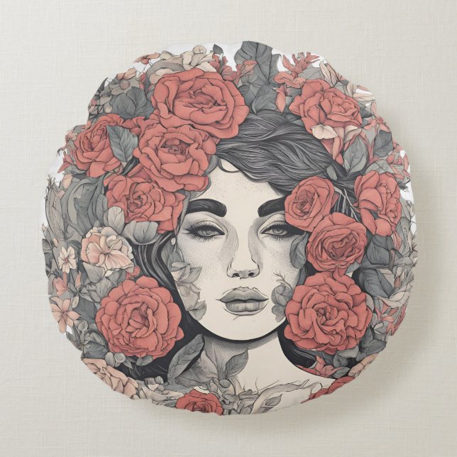 Floral Goddess  – Elegant Woman with Roses Rond Kussen (Voorkant)