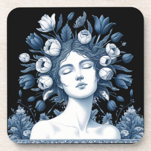 Floral Goddess – Elegante Blauwe Botanische Kunst Bier Onderzetter