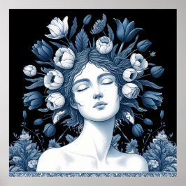 Floral Goddess – Elegante Blauwe Botanische Kunst Poster