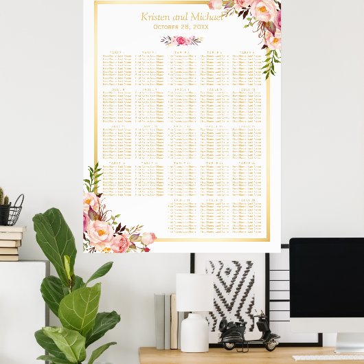 Floral Gold | 20+ Tables Wedding Seating Chart Poster (Thuiskantoor)