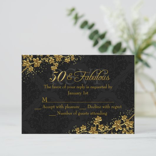 Floral Gold 50 & Fabulous Birthday RSVP (Staand voorkant)