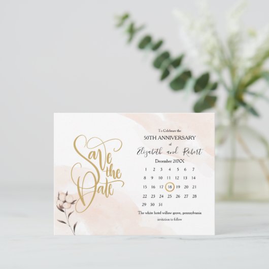 Floral Gold 50e Jubileum Save The Date Aankondigingskaart (Staand voorkant)