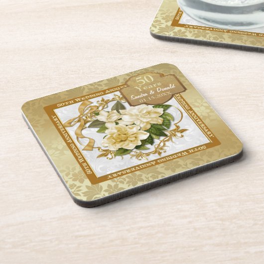 Floral Gold 50th Wedding Jubileum Onderzetter (Linkerzijde)