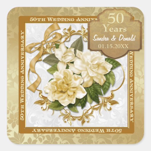 Floral Gold 50th Wedding Jubileum Vierkante Sticker (Voorkant)