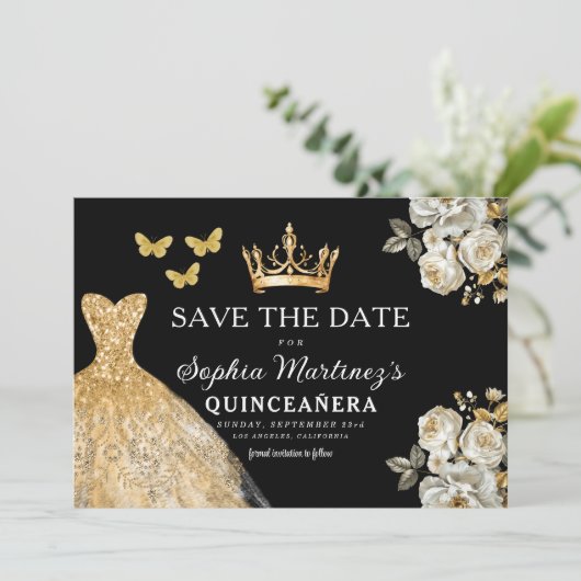 Floral Gold Bewaar de datum Verjaardag Quinceanera Save The Date (Staand voorkant)