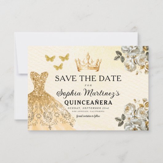Floral Gold Bewaar de datum Verjaardag Quinceanera Save The Date (Voorkant)