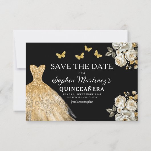 Floral Gold Bewaar de datum Verjaardag Quinceanera Save The Date (Voorkant)
