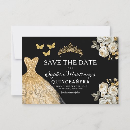 Floral Gold Bewaar de datum Verjaardag Quinceanera Save The Date (Voorkant)