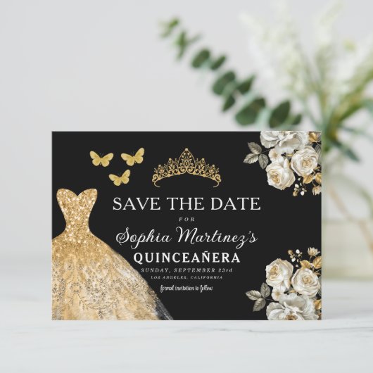 Floral Gold Bewaar de datum Verjaardag Quinceanera Save The Date (Staand voorkant)