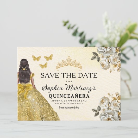 Floral Gold Bewaar de datum Verjaardag Quinceanera Save The Date (Staand voorkant)